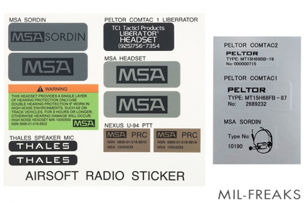 ヘッドセット/ラジオ リアル化ステッカーセット MSA SORDIN, COMTAC, Liberator, U-94 PTT